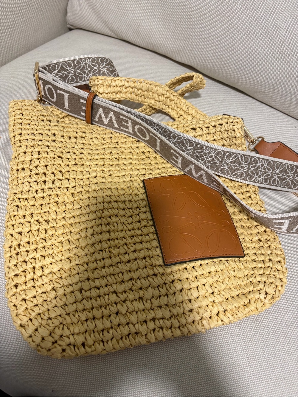 Woven Straw Tote Bag with Tan Faux Leather Accents